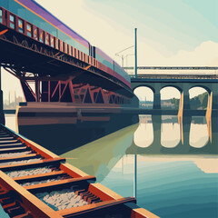 the train rides on the railway bridge over the river