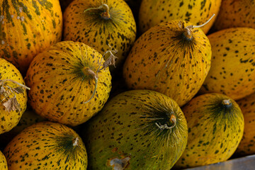 Delicious,sweet Turkish melons. Fresh yellow melons on the marke.