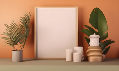 There is a blank picture frame mockup on the platform, along with some plant decorations