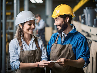 Portrait of happy industrial factory workers. Man and woman, professional worker in a helmet. Labour day concept with people. AI Generative