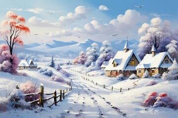 Winter Village Landscape: Christmas Decorations and Snowy Scenery. AI