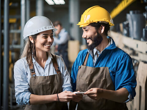 Portrait of happy industrial factory workers. Man and woman, professional worker in a helmet. Labour day concept with people. AI Generative