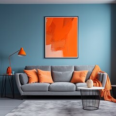 Stunning blue living room with orange decoration illustration made with Generative AI 