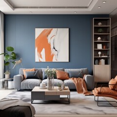 Stunning blue living room with orange decoration illustration made with Generative AI 