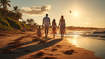family walking on the sandy beach with a little daughter.generative ai