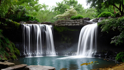 Fototapeta na wymiar Scenic waterfall landscape in the park spring summer by green foliage of plants