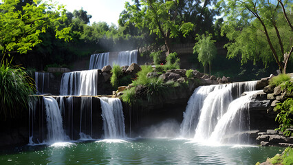 Scenic waterfall landscape in the park spring summer by green foliage of plants