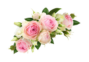 Floral corner arrangement with pink roses and eustoma flowers isolated on white or transparent...