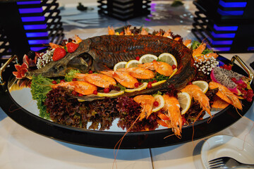 European buffet catering food. Various seafood. Celebration party concept. Selective focus.