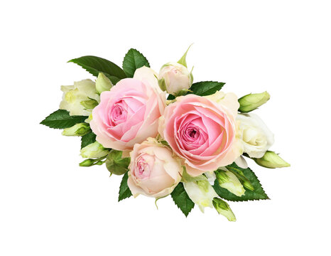 Floral arrangement with pink roses and eustoma flowers isolated on white or transparent background