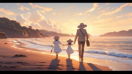 family walking by the sea