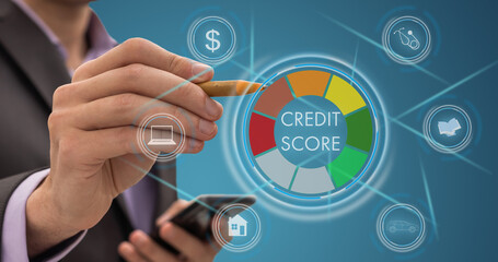 Business, technology, internet concept on hexagons and transparent honeycomb background. Businessman pressing button on touch screen interface and select credit score