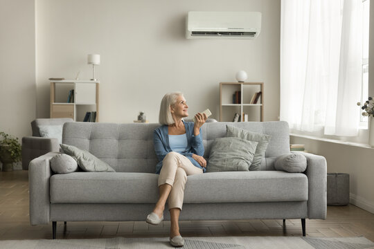 Positive relaxed senior lady using remote control for turning AC on, starting cooling domestic equipment, relaxing on comfortable home couch in cozy modern apartment interior