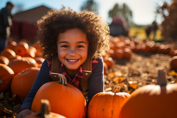 mixed race litle girl at pumpkin patch farm autumn fall