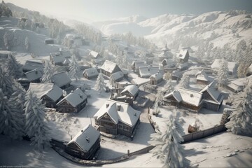 A snow-covered village nestled in a low-poly winter landscape. Generative AI