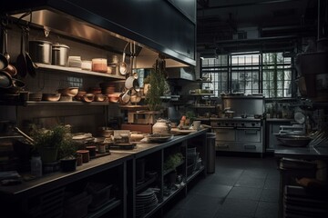 Restaurant kitchen with cooking supply and electronics. Generative AI