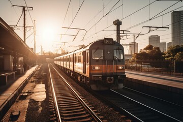 Fototapeta na wymiar A train arriving at a station in Melbourne, Australia. Generative AI