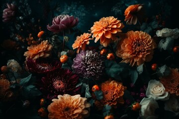 Flowers on vibrant floral wallpaper. Artistic visualization. Generative AI