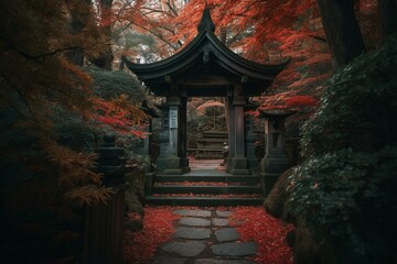 Entrance to secluded Japanese shrine surrounded by trees, with red leaves and a cool, serene ambiance. Generative AI