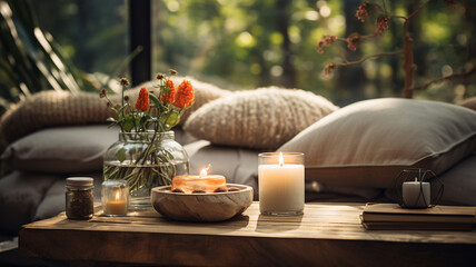 glass candle with flowers on table.generative ai