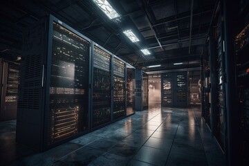A 3D view of an active server room with racks, data center, control room. Generative AI