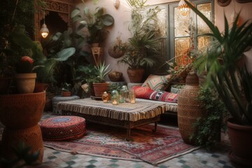 Garden adorned with Moroccan-inspired bohemian elements: potted plants, carpet, and cushions. Generative AI