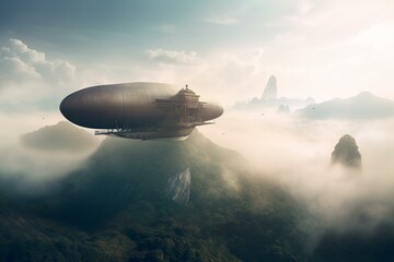 A misty mountaintop with a whimsical airship rendered in 3D. Generative AI