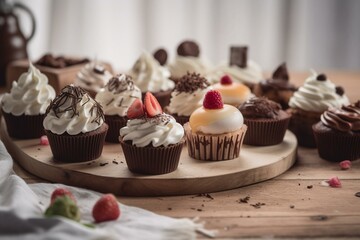 Delicious cupcakes displayed on a table covered in white wooden texture. Generative AI