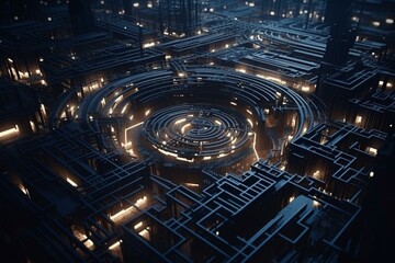 Unending labyrinth metropolis with technology and advancement themes, unique 3D model. Generative AI