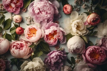 Vintage floral pattern of peonies and roses on light background, boho style for spring/summer weddings. Generative AI