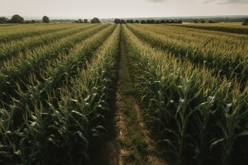 Panoramic aerial view of a cornfield plantation. Generative AI