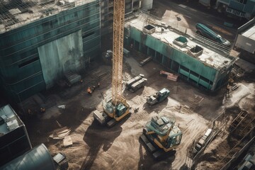 bird's-eye view of building site featuring metal scuffolders. Generative AI