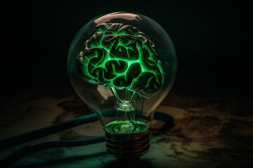Digital artwork of a brain with a glowing green light bulb. Generative AI