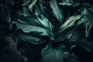 Close-up of lush, dark green tropical leaves. Moody, abstract nature decor pattern. Generative AI