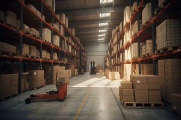 Interior of a warehouse or industry building commonly called a distribution center and retail warehouse. A part of the storage and shipping system featuring box packages, shelves,. Generative AI