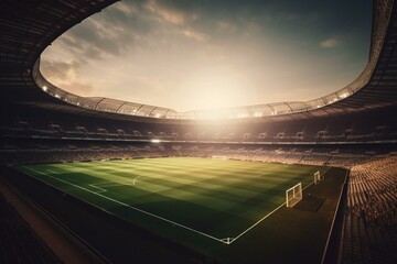 Image of a soccer stadium field with a soccer background. Generative AI - obrazy, fototapety, plakaty