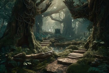 Digital artwork of an elven kingdom and surreal magical woodland, ideal for concept art, wallpapers, and book illustrations. Generative AI