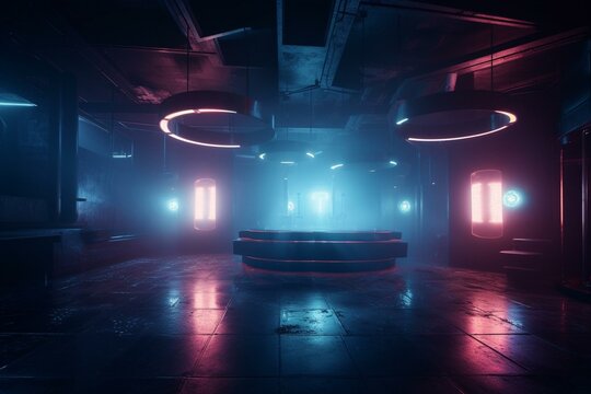 Enchanting night club dance stage with misty fog, neon lights, and a retro futuristic vibe. Cyber empty 3D rendering in a dark studio. Generative AI