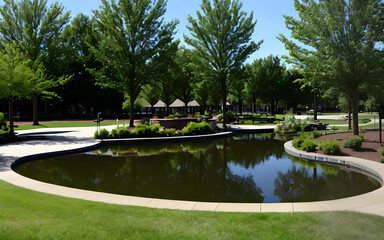 Scenic pond in tthe park spring summer by green foliage of trees