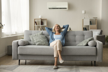 Cheerful relaxed retired old woman resting on grey soft couch under domestic conditioner in stylish...