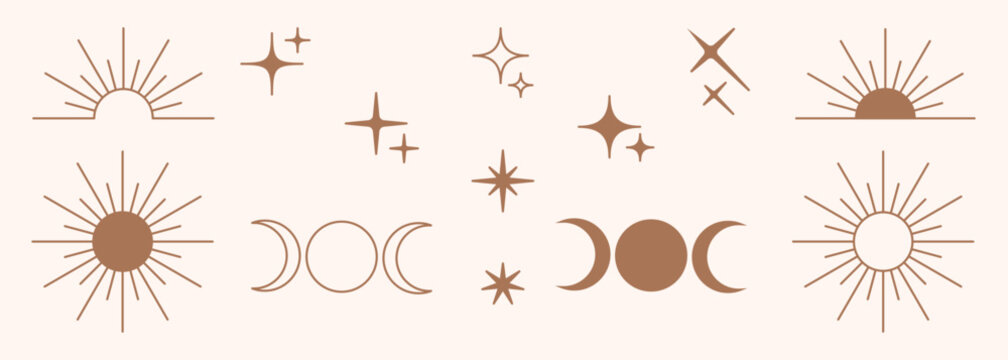 Modern minimalist aesthetic line element set in trendy boho style. Modern Y2K linear and silhouette vector design outline elements - geometric form sun, moon, star, sparkle, for banner, social media