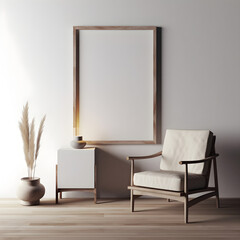 An empty picture frame mockup in a modern and minimalist style living room with wooden furniture against a white background