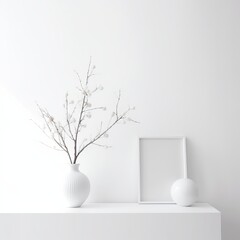 interior in white and milky tones, light furniture in design. Place for text. Generative AI