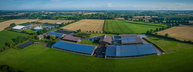 Aerial view of modern agriculture livestock farm with photovoltaic panels on the roofs of barn,...