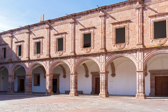 landmark clavijero cultural center courtyard and arched building facade of baroque architectural style in morelia michoacan mexico
