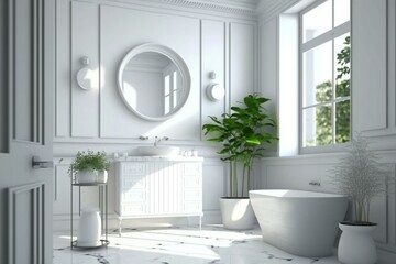 3D rendered cozy white bathroom with wall mockup. Generative AI