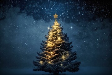 A golden lit Christmas tree topped with a star on a blue snowy background. Generative AI