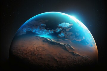 A magnificent view of Earth from Mars with a blue glow. Created through technology. Generative AI