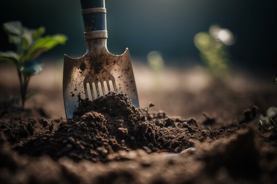 Closeup of shovel digging in soil with shallow depth of field. Generative AI