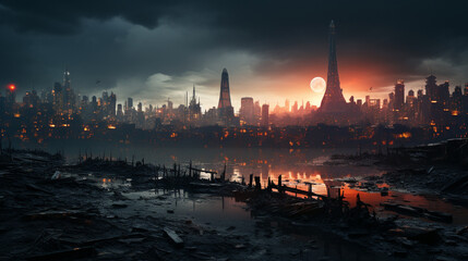 Obraz premium Future Dystopian Urban Landscape in Cyberpunk Style, Generative Ai
